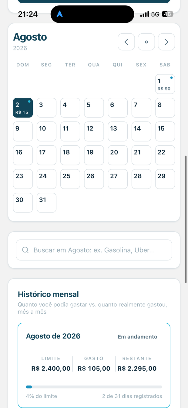 Calendário do mês com os gastos
